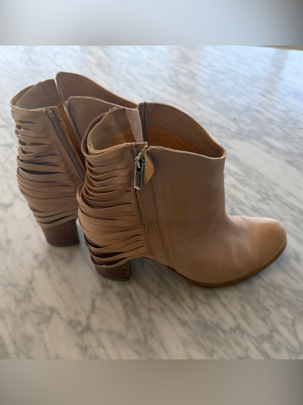 Sundance Tan Fringe Leather Ankle Booties with Side Zip